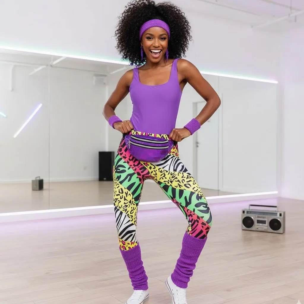 Jaren '80 Retro Aerobics 7-delige kostuumset - Neon turnpakje en legging voor themafeest uit de jaren 1980 - afbeelding 1