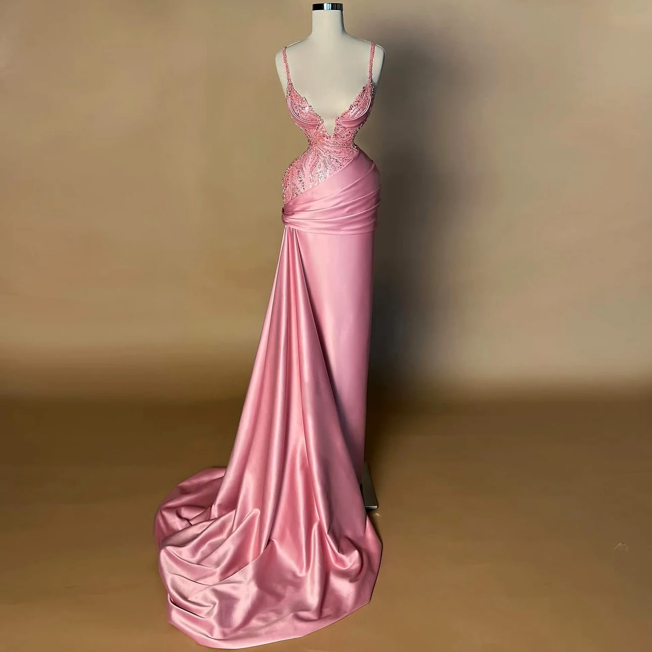 

Pink Strapless Evening Gown With Sequins and Train Elegant Evening Dress Banquet Wedding Ball gown
