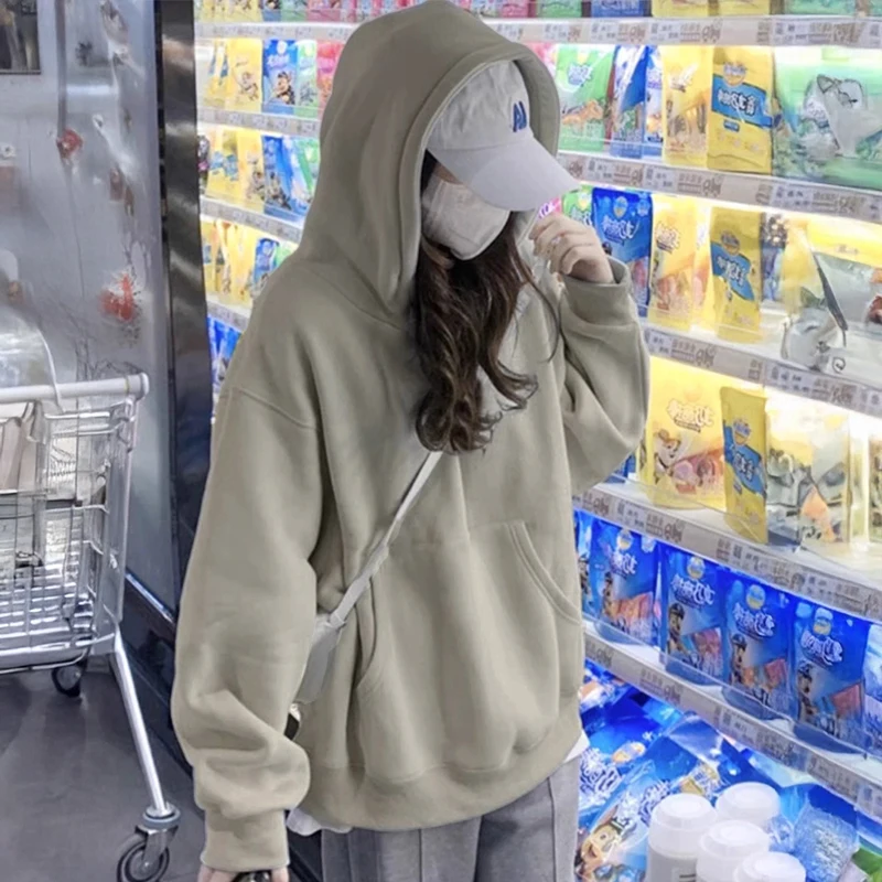 Ladies' Lazy Style  Color Hoodie 2023 Winter New plus Size Fleece Lined Slimming Loose Top Korean Commute Style