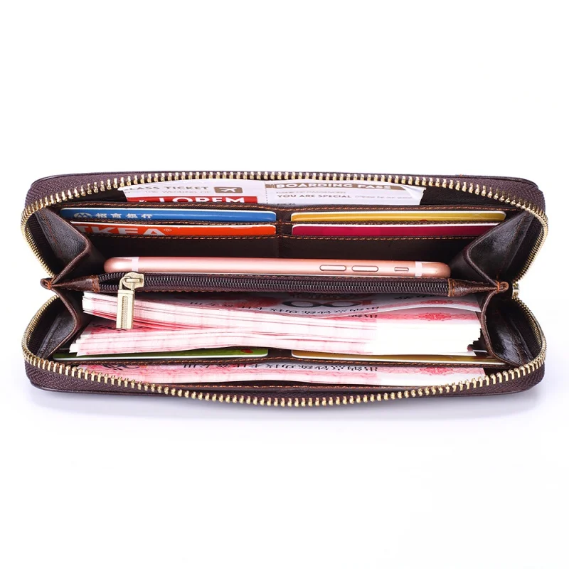 Men Women Long Handbag Business Vintage Cow Leather Man Wallet Brand Long Wallet For Man And Woman Oil Wax Zipper Bag Male Purse