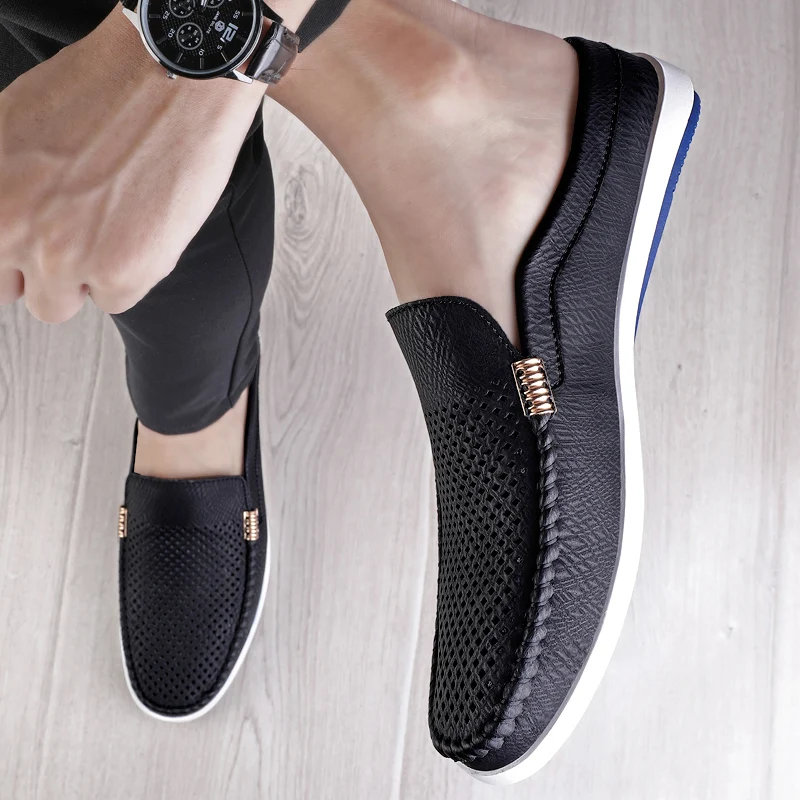 Fashion Men Mules Genuine Leather Summer Slippers Slip On Lazy Shoes Breathable Mens Loafers Indoor Slides Adult Leisure Shoes