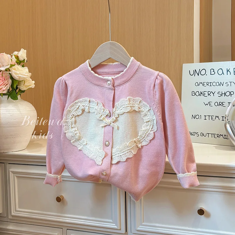 

2025 Children Girls Cardigan Autumn Love Patchwork Infant Babys Girl Sweater Loose Versatile Round Collar Toddler Girls Knitwear