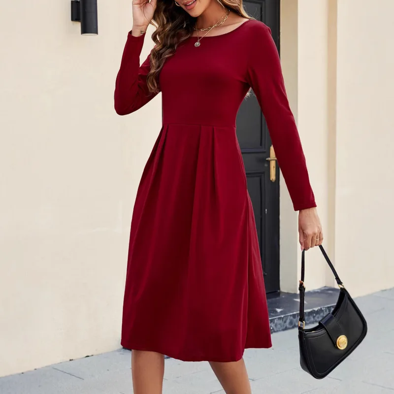 HKSH Frühling Herbst Neue frauen Kleid Oansatz Langen Ärmeln Taille Cinching Einfarbig Plissee A-line Trendy Casual Kleider HK14496