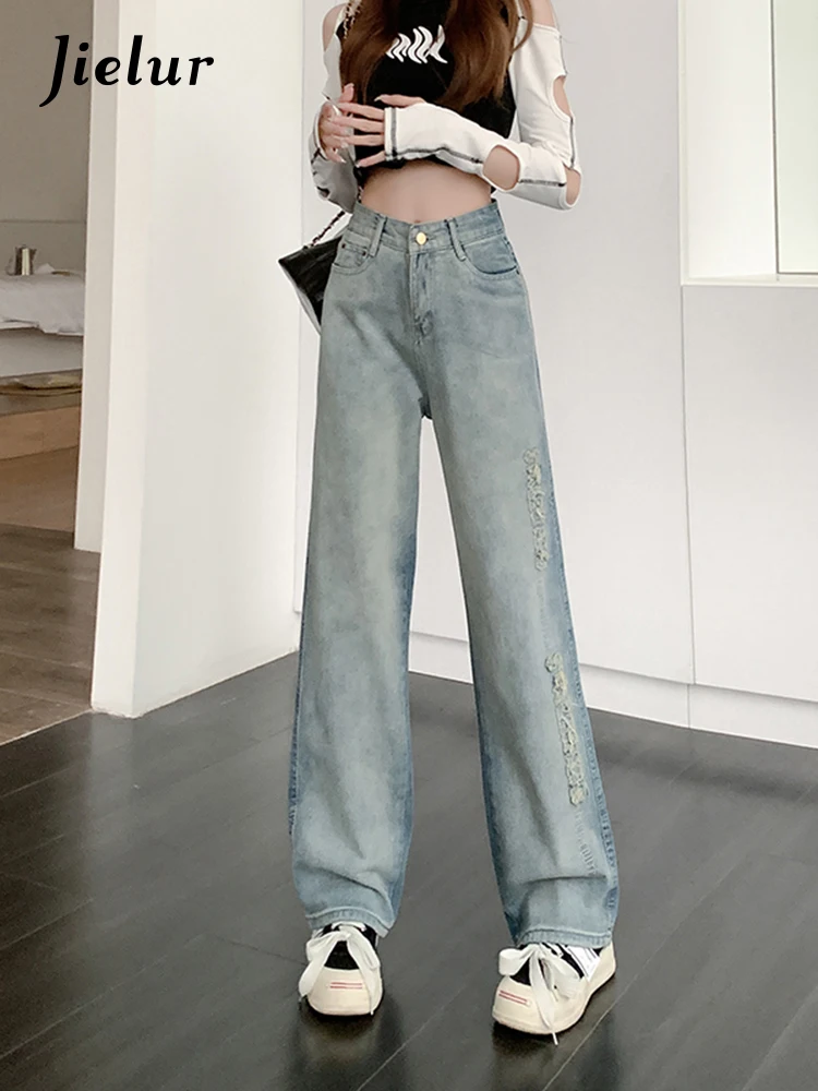 

Jielur High Street Jeans Women Spring Straight Retro Baggy Pants Gradient Blue Jeans Casual Wide Leg Ripped Denim Pants Female