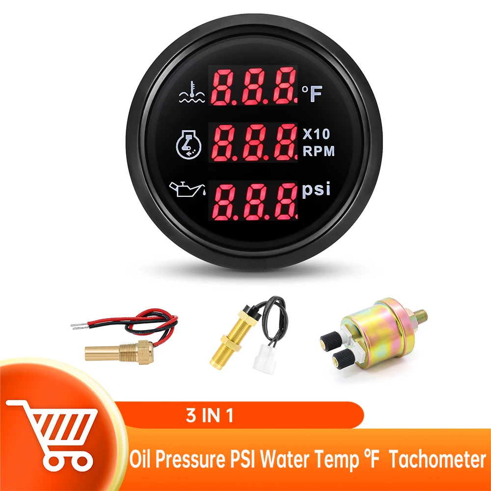 

3 In 1 Multi- Functional Gauge Water Temperature+Oil Pressure+Tachometer with sensors Red backlight Boat Car Truck ATV Gauge