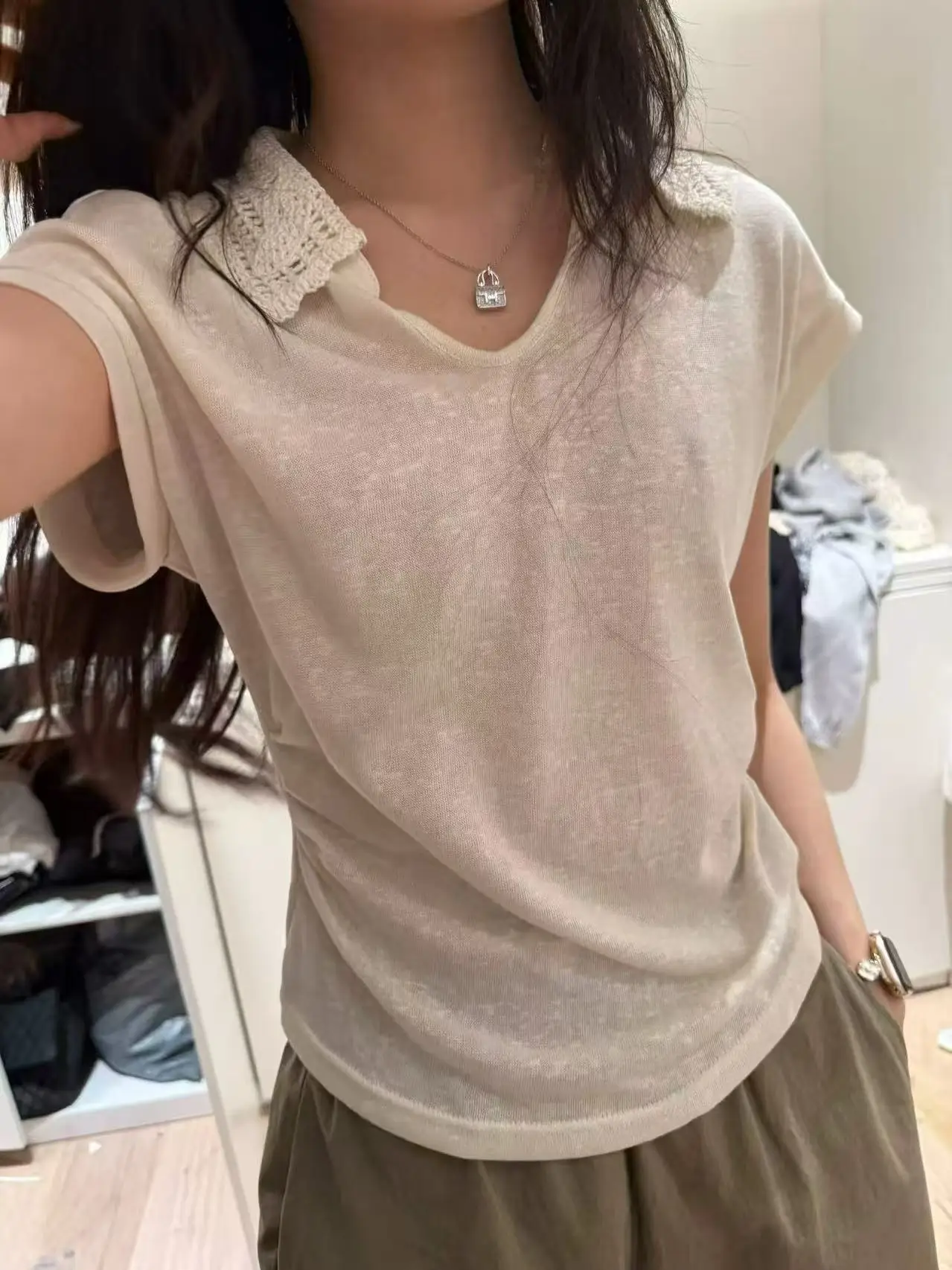 

Aotuxiu Однотонный вязаный свитер с вырезами на воротнике и короткими рукавами в корейском стиле, утягивающий талию, весна-лето, новинка