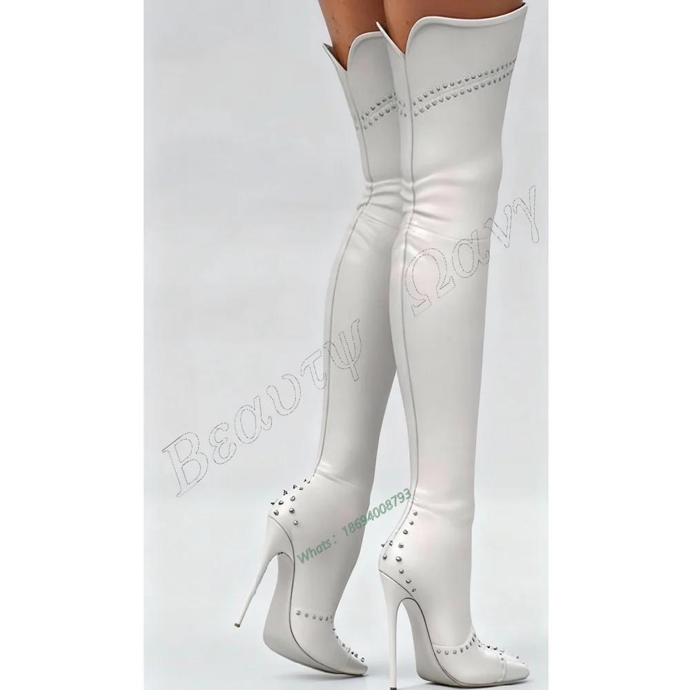 

White Rivet Decor Matte Leather Boots Metal Toe Thigh High Spike High Heel Shoes Solid Sexy Women Shoes New Zapatos Para Mujere