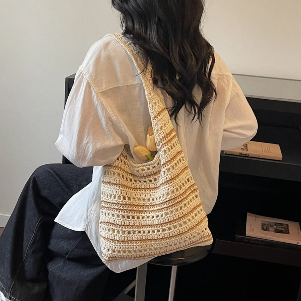 

Модная пляжная сумка-тоут из соломки с большой вместимостью, дышащая, полосатая, плетеная, для повседневного использования