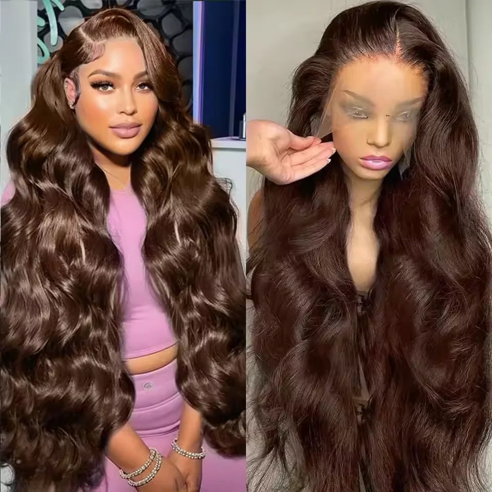 

36 Inches Body Wave #4 Colored Chocolate Brown Human Hair 200 Density 13x6 HD Transparent Lace Front Human Hair Wigs For Women