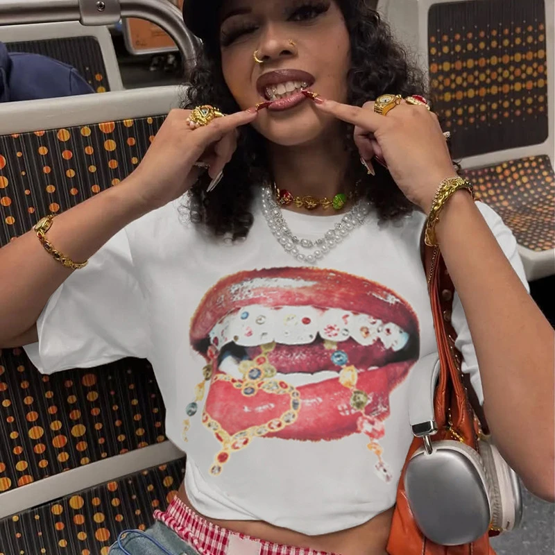 

Lip Print Contrasting Color Loose round Neck Casual Short Sleeve T-Shirt Street Fashion Trendsetters Top for Women 2025 New