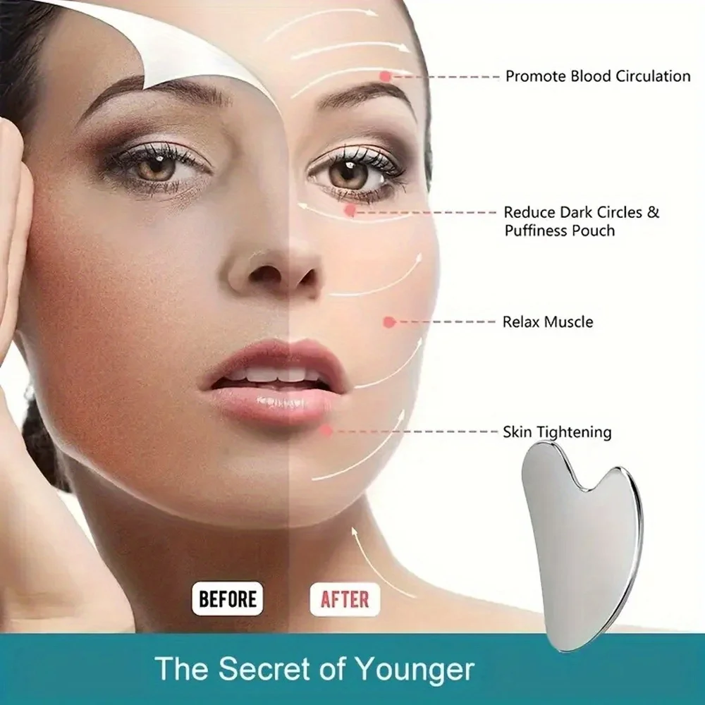 مهدئ وتبريد، جهاز تدليك الوجه غوا شا من الفولاذ المقاوم للصدأ - أداة تبريد العين والوجه لشد الفك والاسترخاء