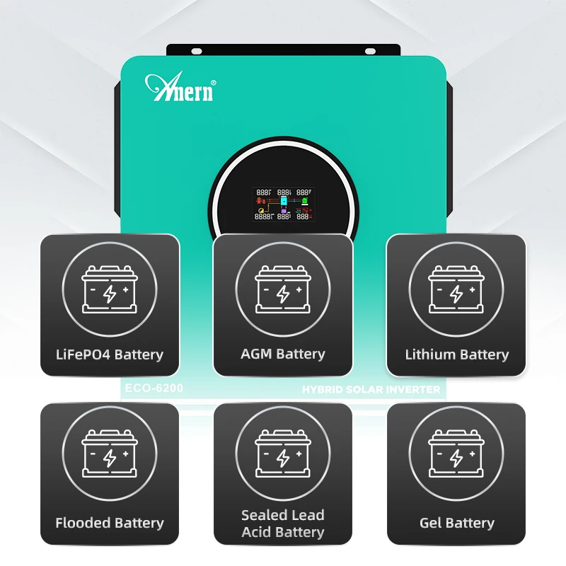 Anern 6,2 kW 4,2 kW 3 kW 1,6 kW Hybrid-Wechselrichter netzunabhängiger Dual-AC-Ausgang MPPT 120 A auf Netz-Solarwechselrichter 48 V 24 V 12 V 230 V