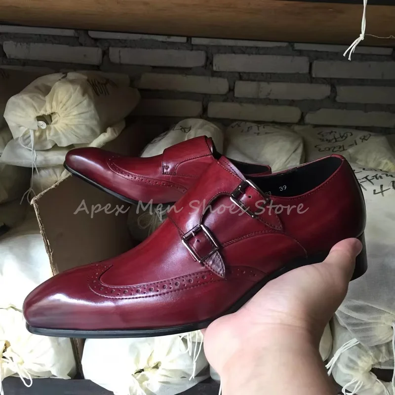 

Burgundy Double Monk Strap Brogue Shoes Formal Business Wedding Dress Shoes Leisure Men's Genuine Leather Handmade Shoes