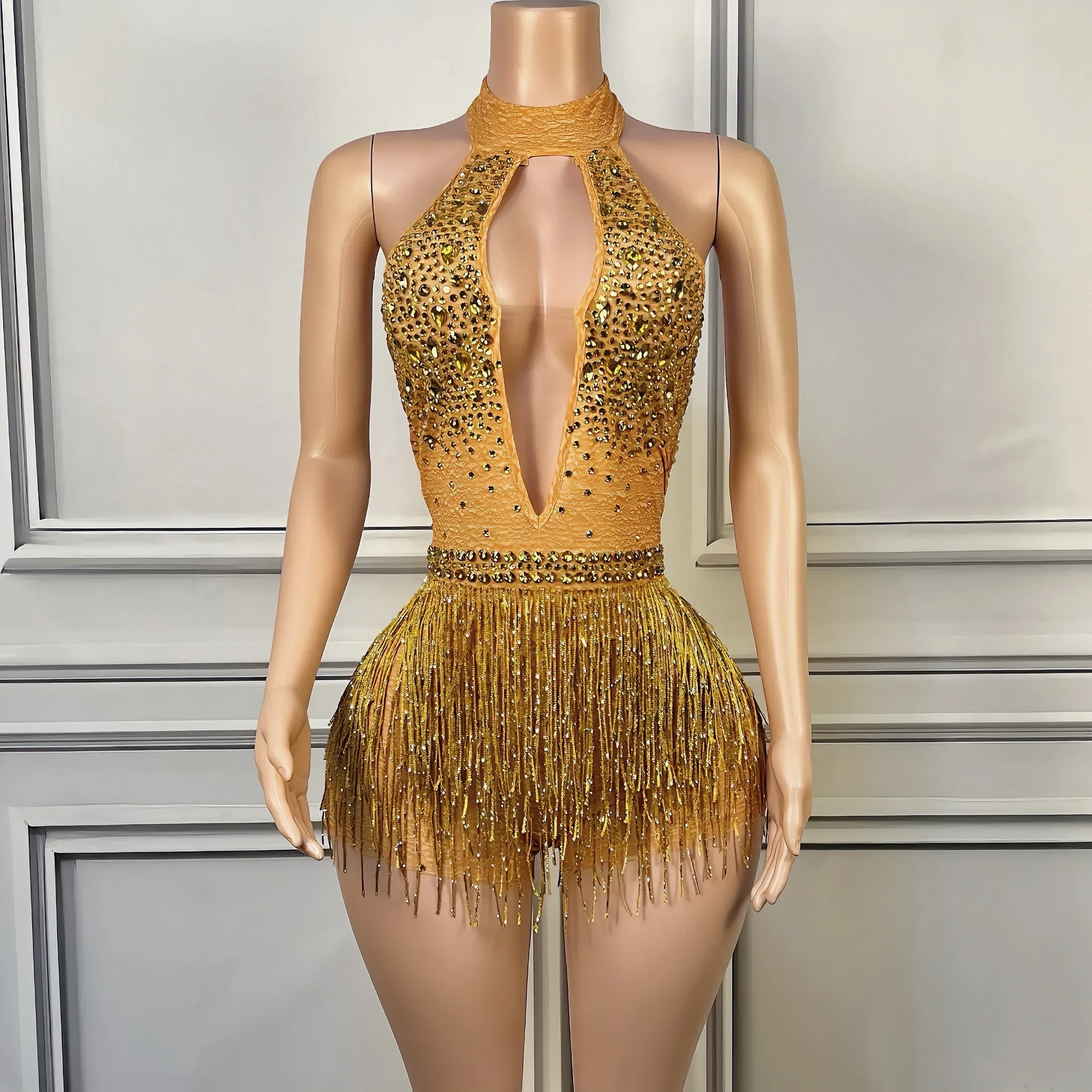 

Sparkly Tassels Yellow Sexy Halter Backless Bodysuit Dress Evening Party Performance Costume Bar Nightclub Singer Stage Wear