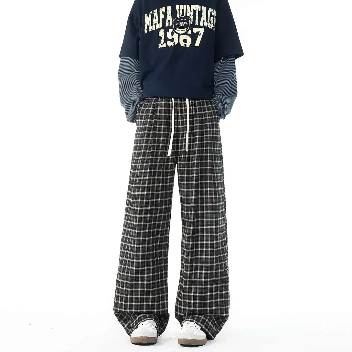 

M-8XL Plus Size Vintage Plaid Pants, American Retro Style, Brushed Fabric Wide Leg Trousers, Soft Cotton Casual Bottoms