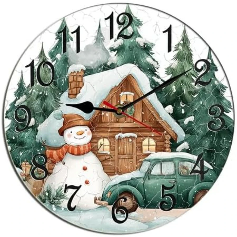 Christmas Snowman Wall Clock Xmas Old Truck Winter Village Wooden Fall Winter Decorative Wooden Battery Operated Quartz Silent