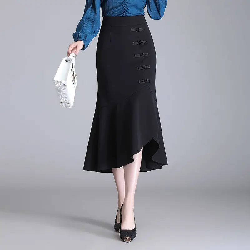 Elegant Irregular Mermaid Midi Skirts Basic Women\'s Clothing High Waist Spring Autumn Vintage Fashion Chinese Disc Buckle Skirts