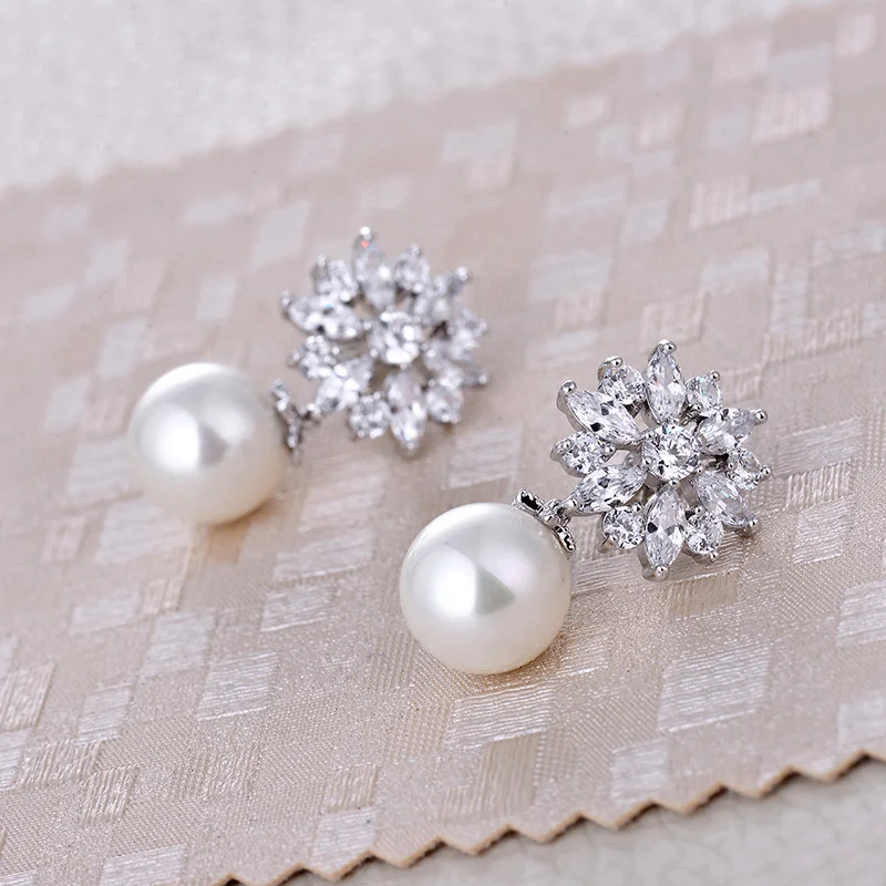 genuine Luxury brand real jewels Liangya beauty network Japan and South Korea fashion snowflake zircon Pearl Earrings Jewelry hi