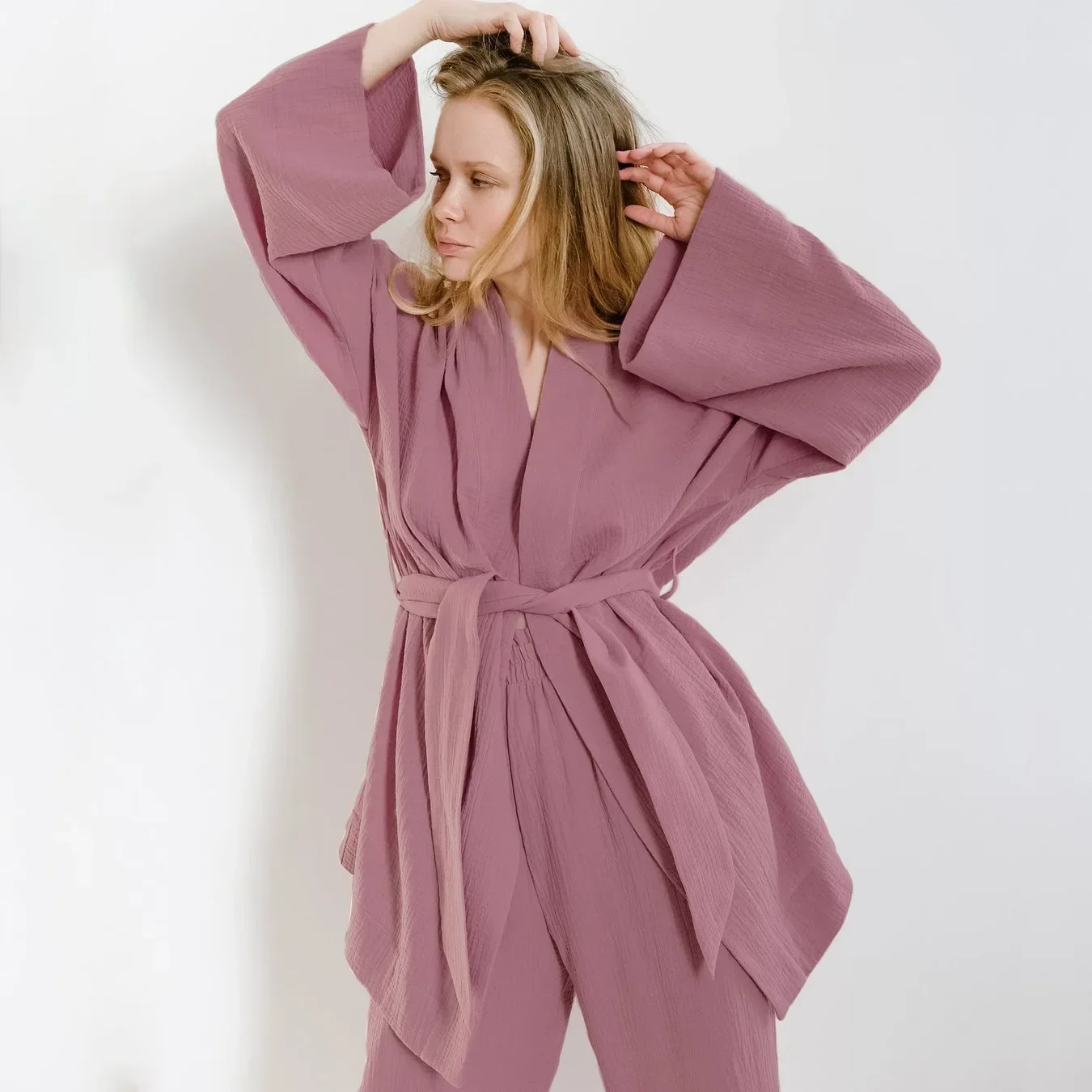 Women\'s Nightgown Robe Loose Pajama Sets Flare Nightgown+Trouser 2Pcs Suit Solid Color 2024 Spring Autumn Female Bathrobe