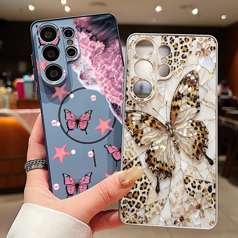 Pink Butterfly Print Magnetic Case For Samsung Galaxy S26 S25 Ultra S25 S24 S23 FE A57 A56 A37 A17 A55 A36 A35 5G Phone Cover