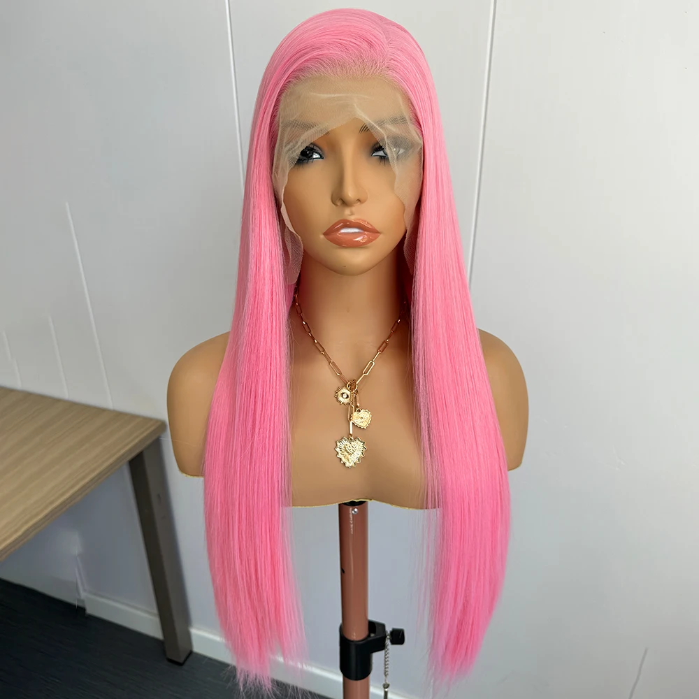 핑크 스트레이트 가발 13*4 합성 레이스 프론트 가발 여성용 핫핑크 롱 실크 스트레이트 가발 프리 파트 데일리 코스프레 가발