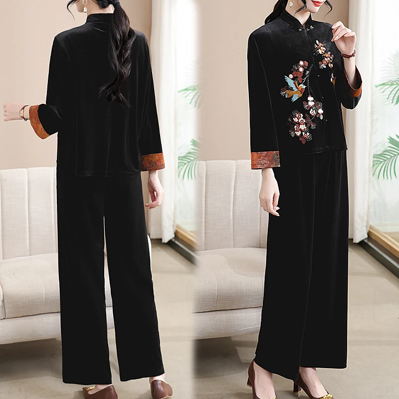 Women's Gold Velvet 2 Pieces Suits 2024 Autumn Elegant Embroidery Clothing Sets  Female Silk Velvet Blouse + Wide Legs Pants