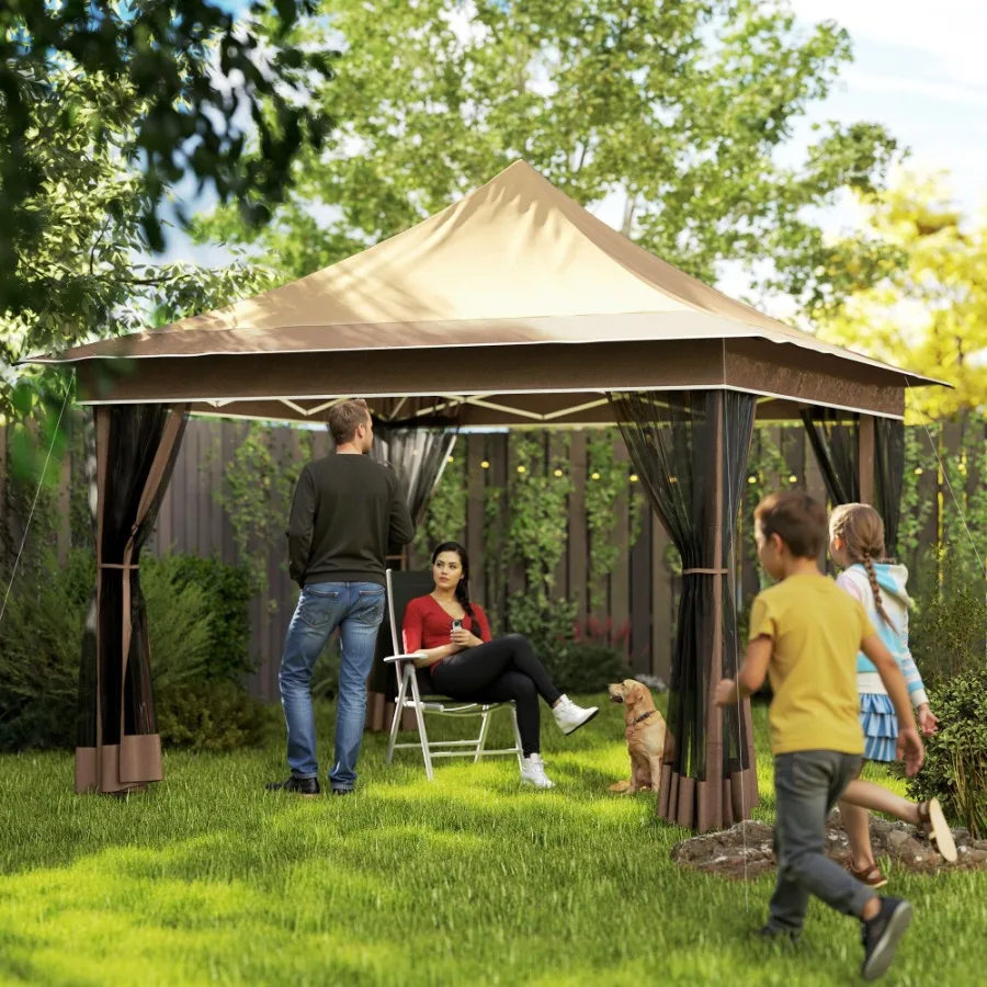 12' x 12' Canopy Tent with Mesh Netting UPF50+ Pop Up Tent with Carry Bag for Garden Patio Beige