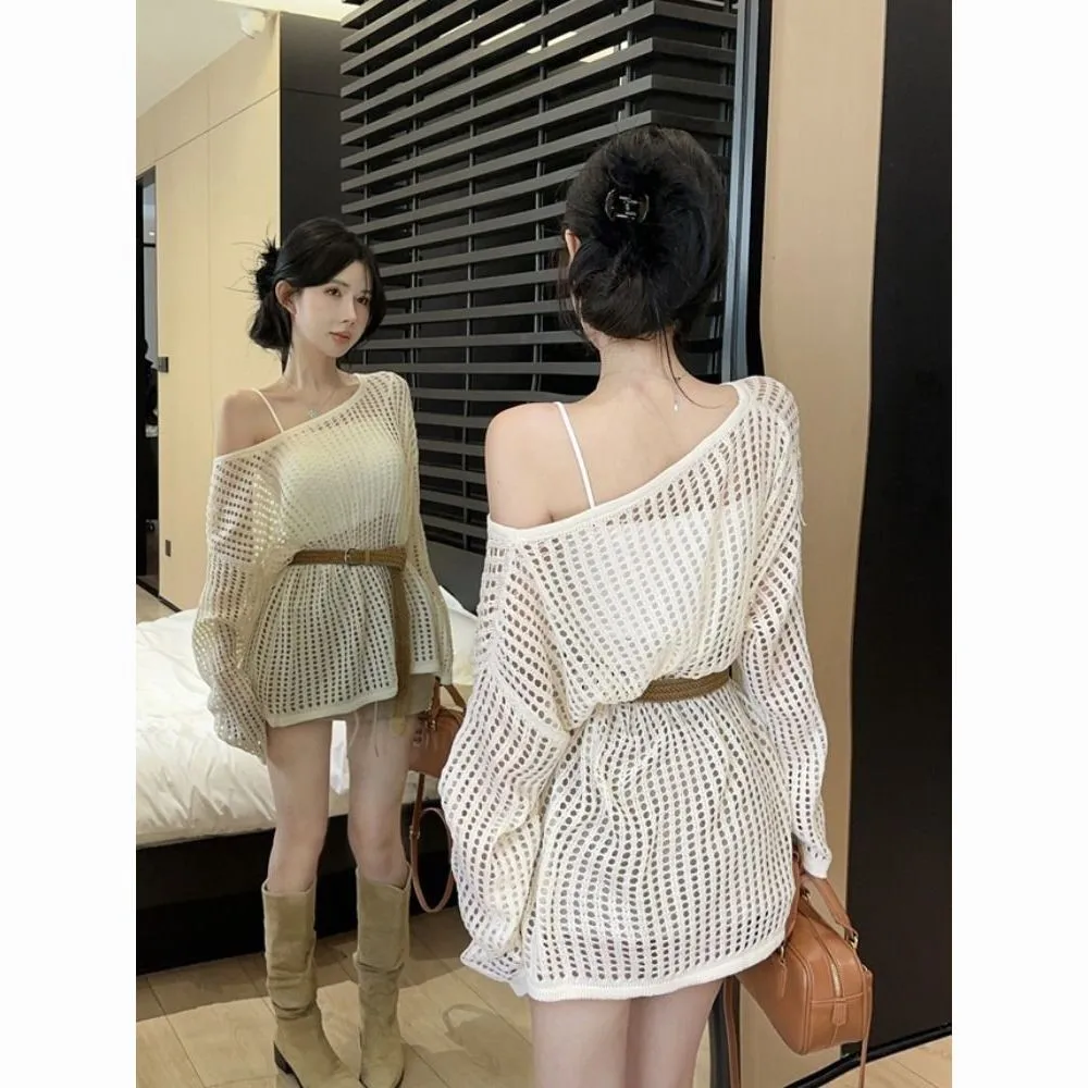 

n oulder Slit Knitted Cover up Women's Summer Beachwear Long Sve UV Protection Hollow out Loose Fit Sle