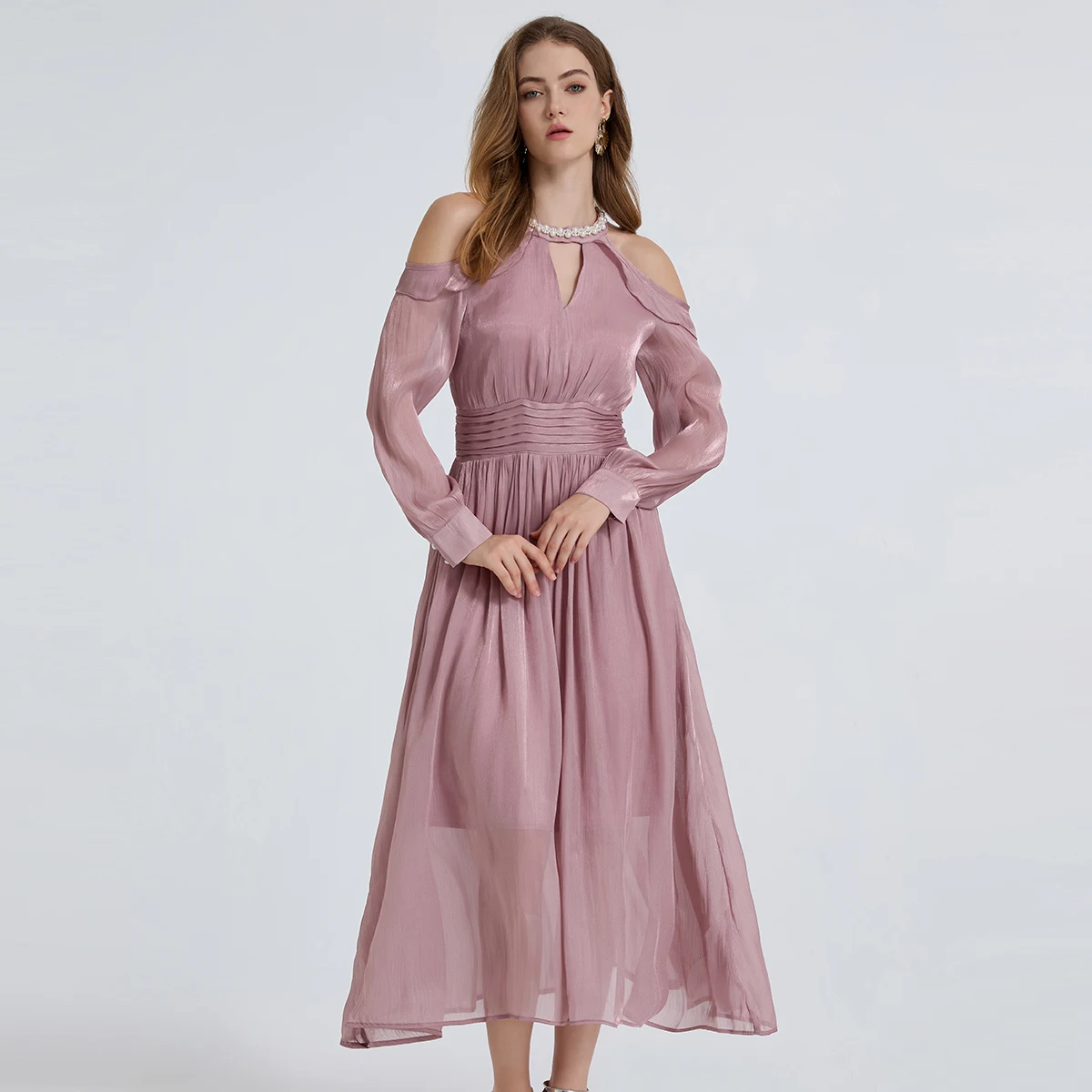 

French Elegant Off Shoulder Crystal Beaded Prom Dress For Women Stand Long Sleeve Bright Silk High Waist Pleated Long Vestidos