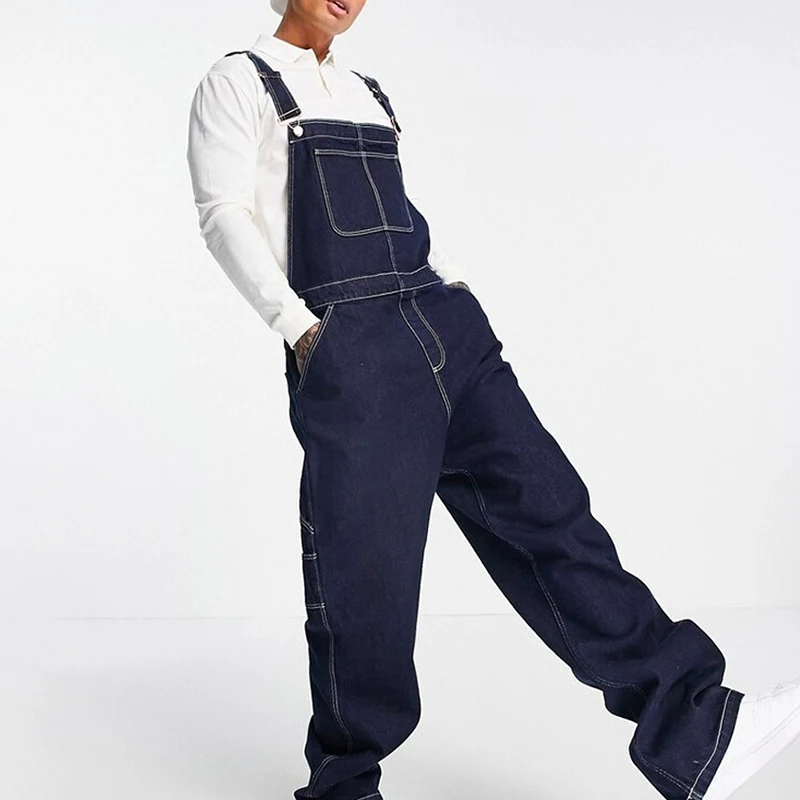 Men's Denim Bib Overalls Solid Color Plus Size Fashion Lightweight Jean Jumpsuit with Adjustable Straps for Workwear