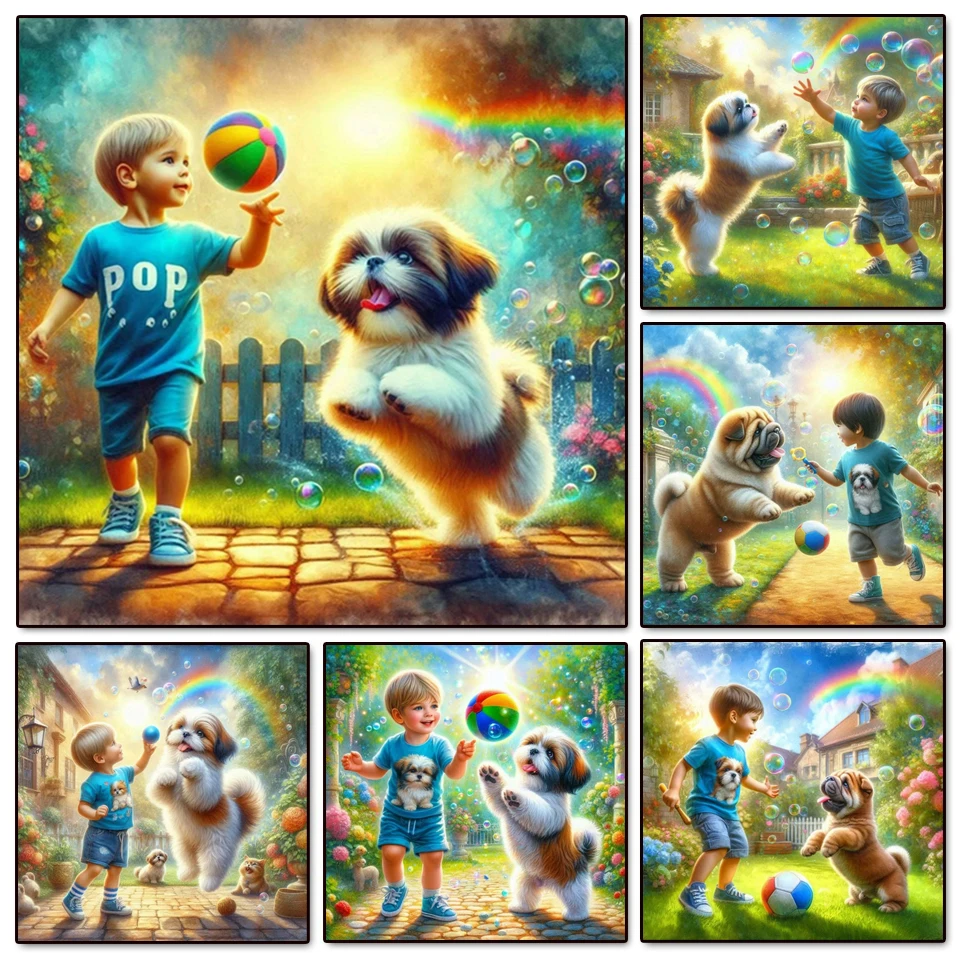 5d DIY Diamond Painting New Little Boy and Dog Ball Cross Stitch Full Diamond Mosaic Embroidery For Birthday Gift Room Decor