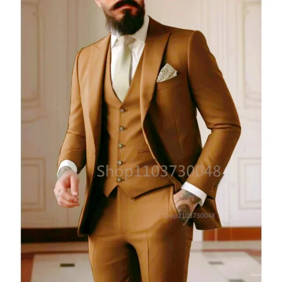 

Однотонные свадебные мужские костюмы с пиковыми лацканами, приталенный пиджак, мужская одежда, элегантный комплект из трех предметов, куртка, жилет, брюки для деловой вечеринки