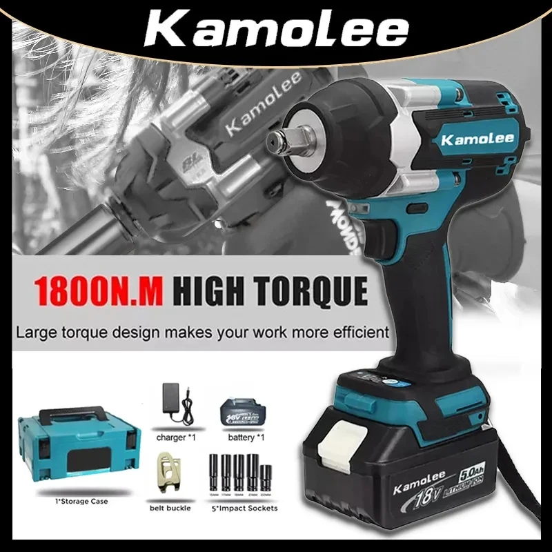 

Kamolee 1800 N.M Torque DTW700 Brushless Electric Impact Wrench 1/2 In Lithium-Ion Battery For Makita 18V Battery