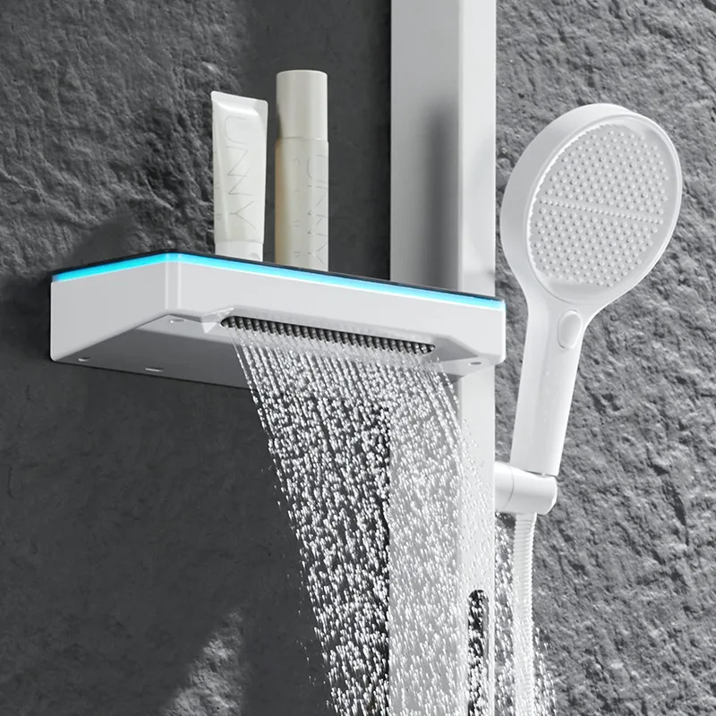 Modern Simple Solid Brass Body Rainfall Shower Set, Double Storage LED High Pressure Handheld Shower For Household Bathroom