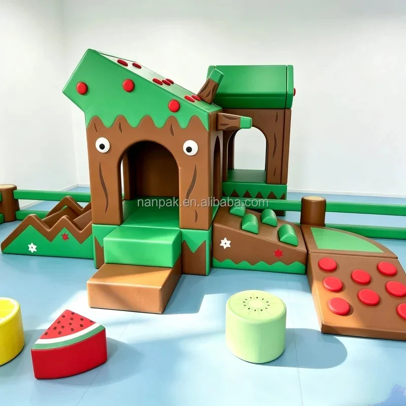 Custom Tree House Themed Soft Play Structure Kids Climbing Fruit Stool with Ball Pit Indoor Playground for Daycare Mall Party
