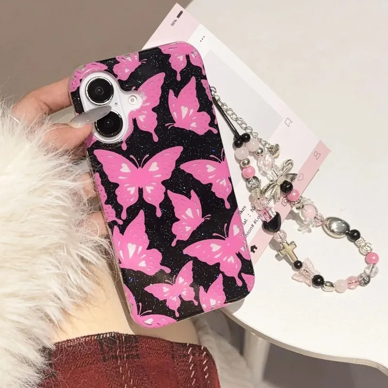 Glitter Pink Butterfly Totem Shiny Girl Phone Case For IPhone 16 15 14 13 Pro Max Case Cute Luxury Cartoon Shockproof Soft Cover