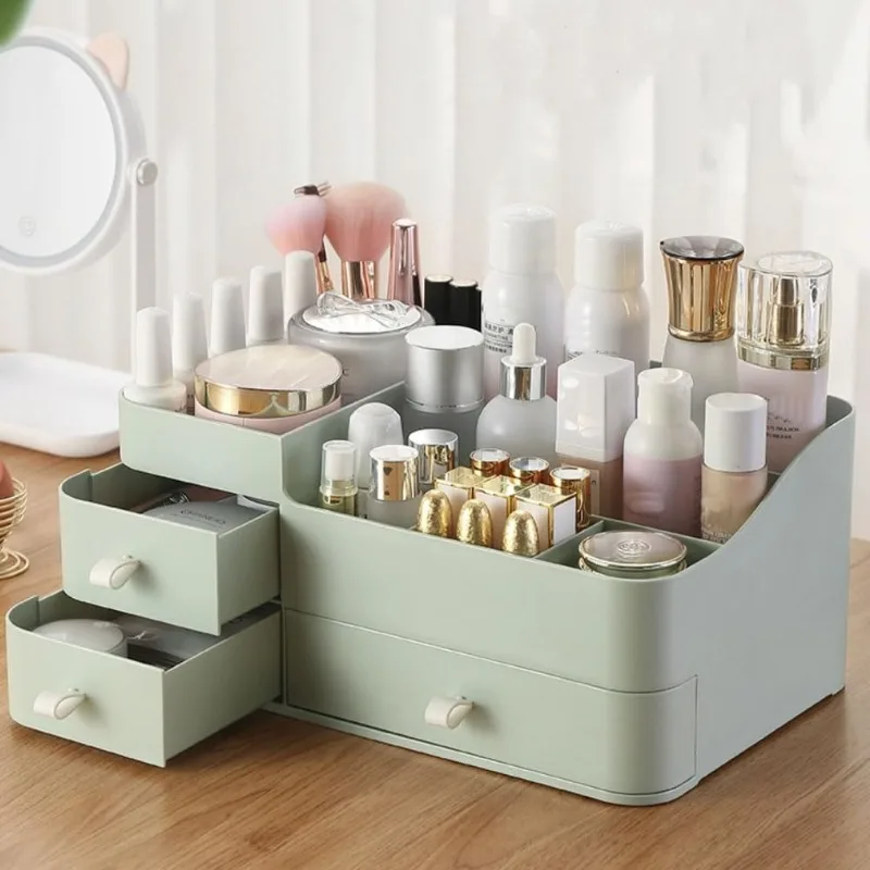 Organizador de maquillaje para tocador, organizador de escritorio de gran capacidad con cajones para cosméticos, lápices labiales