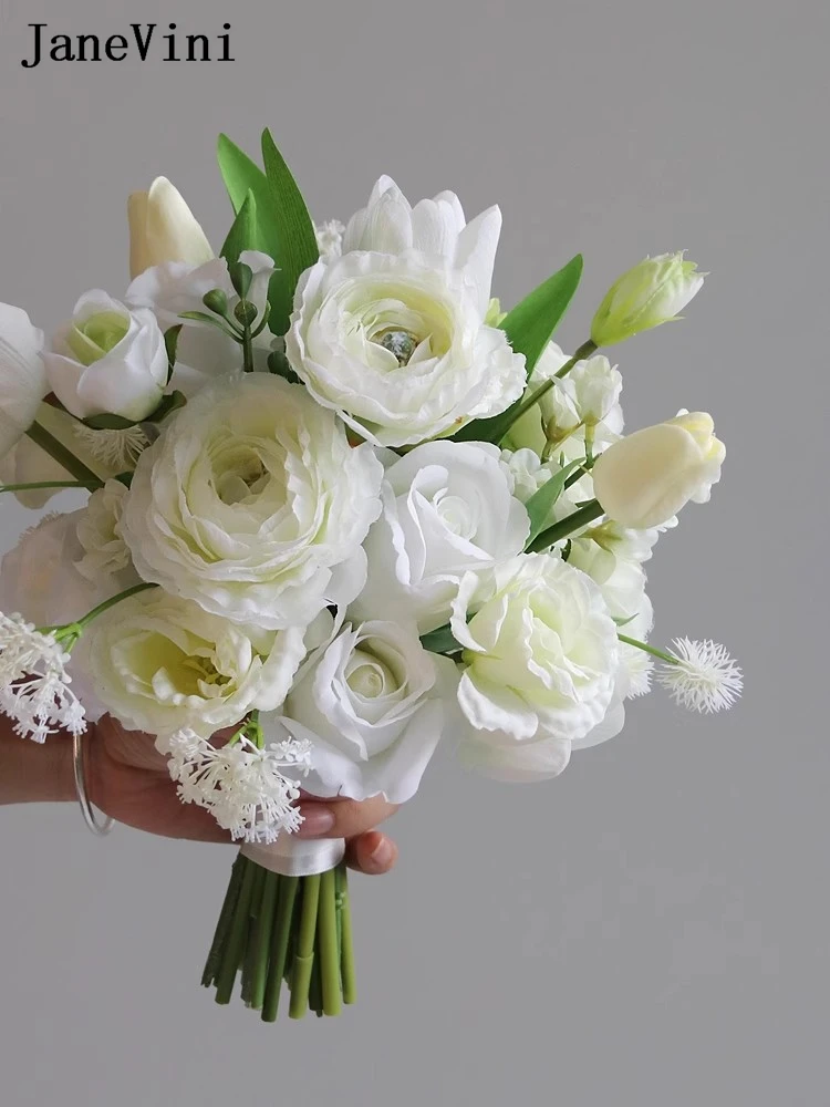 JaneVini New White Bukiet Wedding Bouquets Artificial Silk Roses Bridal Holding Flowers for Bridesmaid Boho Wedding Accessories