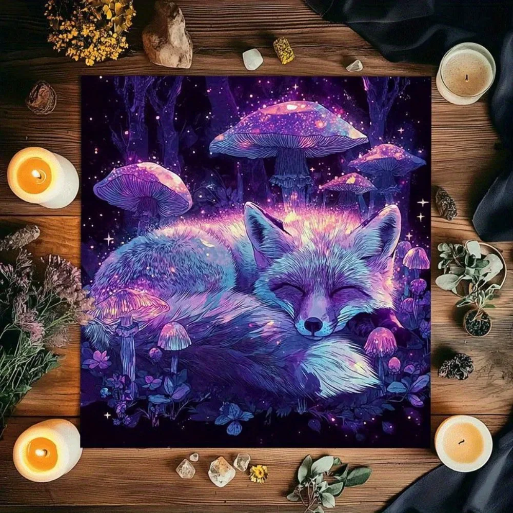Mantel de Tarot de Poliéster con Estampado de Bosque de Ensueño y Zorro Místico, Varios Tamaños, para Altar, Adivinación, Profecía, Juego de Cartas y Fiestas