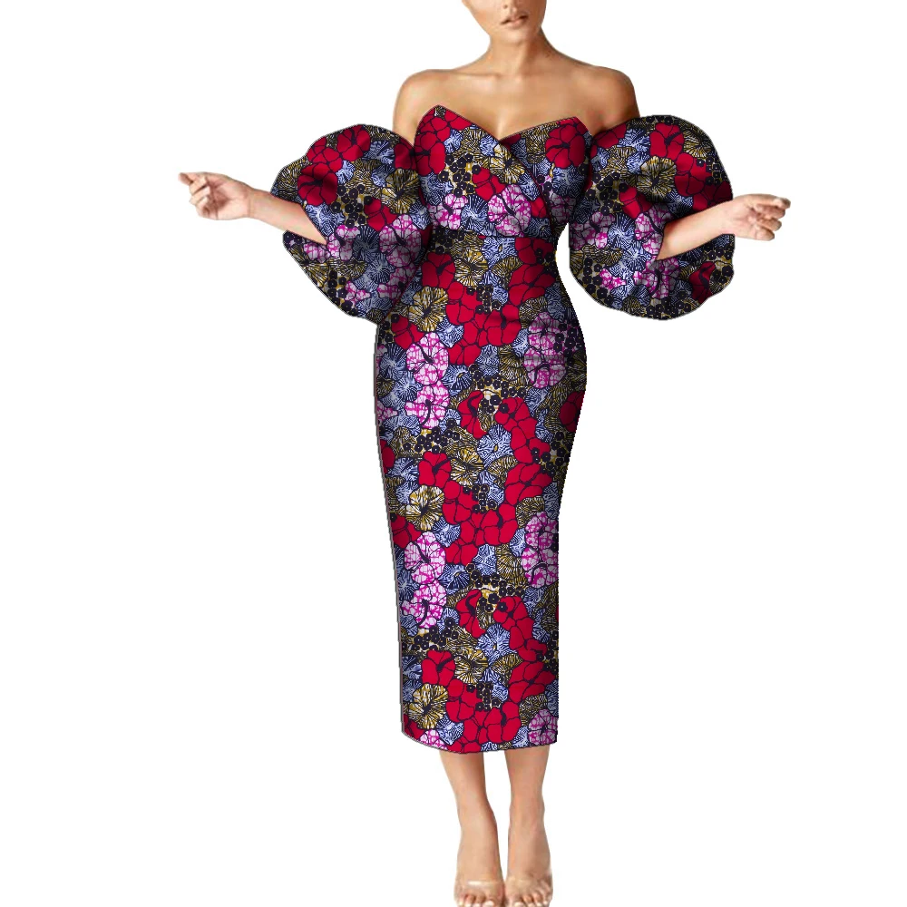 African Dresses for Women African Wax Print Off Shoulder Puff Sleeve Maxi Dress Fashion Ankara Midi Dress Vestidos 6XL WY9257