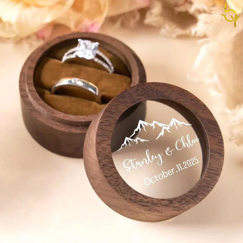 

Personalized Wedding Ring Box Custom Ring Box Round Wooden Transparent Window Ring Box for Engagement Ring Box, Ring Display Box