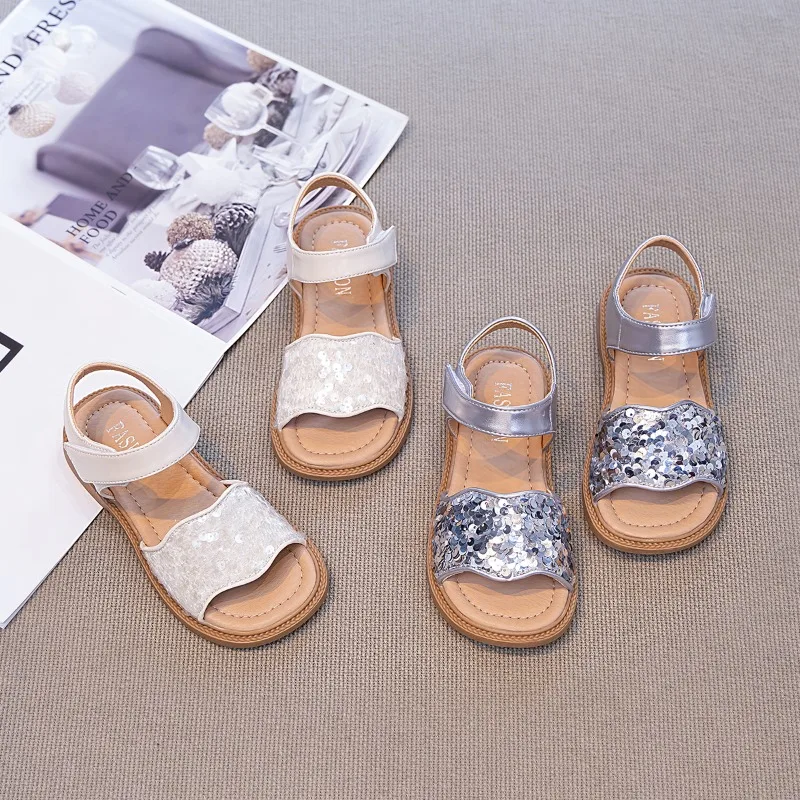Little Girls Sequins Sandals Summer New Open-toe Children Princess Shoes School Perform Non-slip Kids Fashion Beach Flat Sandals