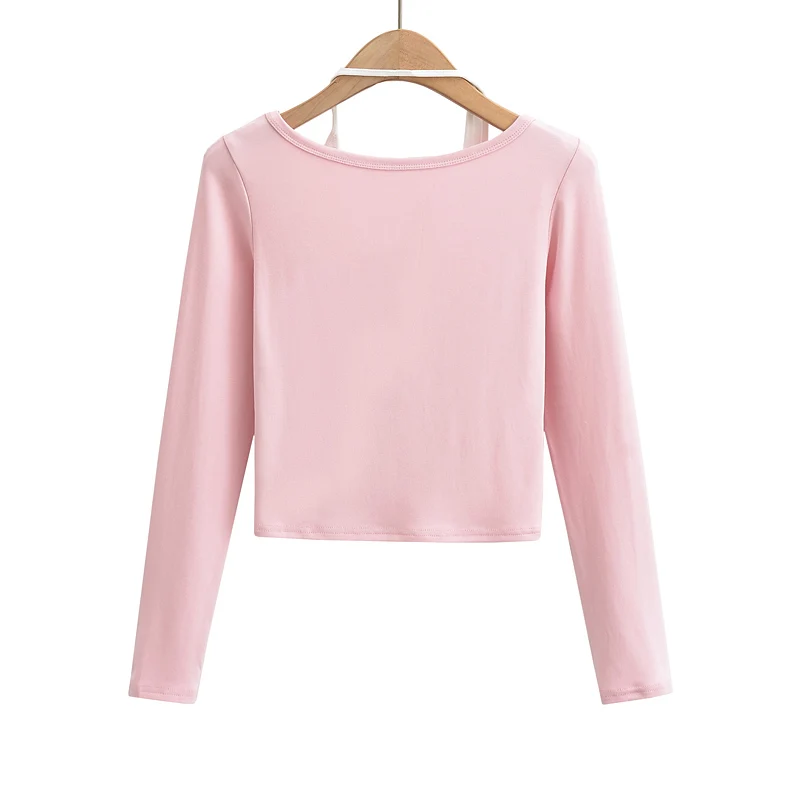 Long sleeve crop top korean fashion fall outfits women sexy tshirts for women fashion kawaii black t shirt woman halter top pink