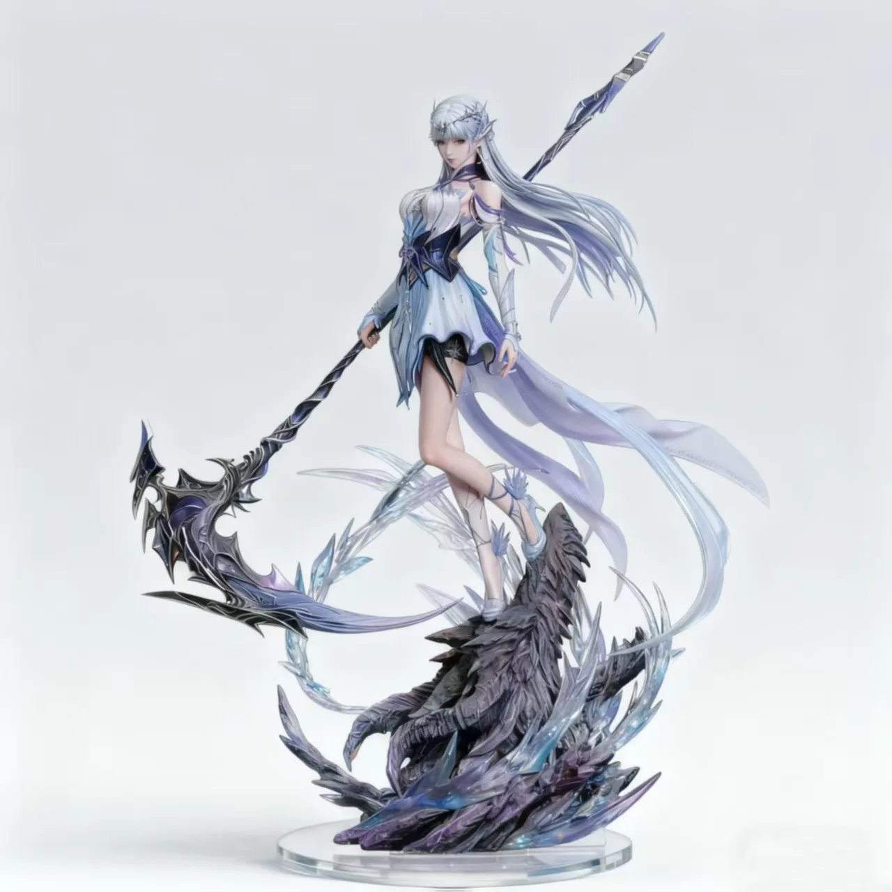 Figurine PVC Guerrière Elfe Glacée Fantastique, Belle Personnage d'Anime avec Hallebard, Base Ailée, Modèle de Collection, Ornement de Bureau, Cadeau