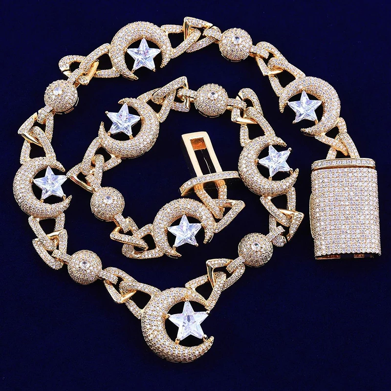 Hip Hop 3A+ CZ Stone Bling Iced Out Moon Star Link Chain Choker Necklaces for Men Rapper Jewelry Rose Gold Silver Color