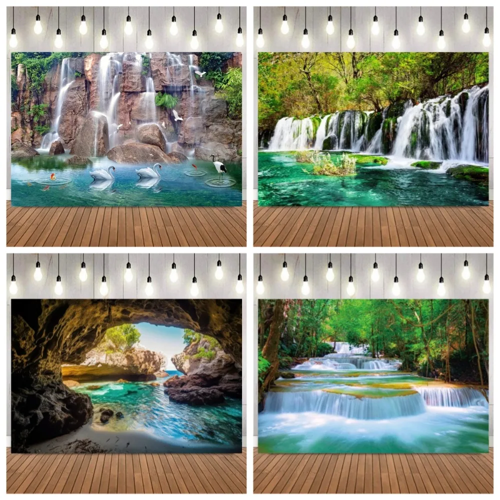 

Tropical jungle waterfall green pool shooting Backdrop, valley lake natural landscape, family portrait photo decoration Backdrop