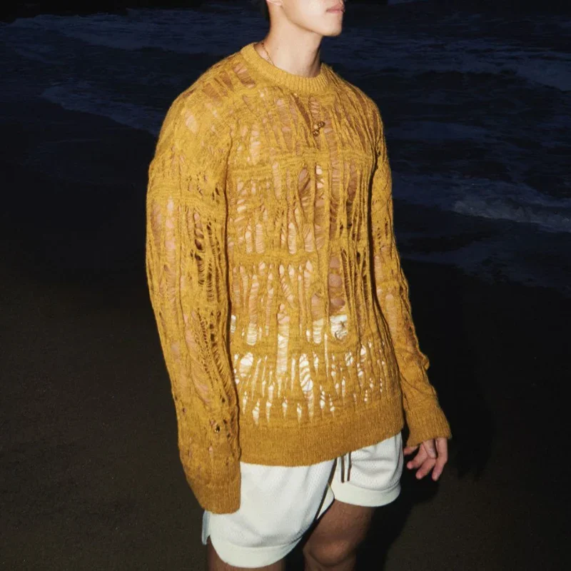 Early Autumn Niche Hollowed Out Loose Knit Sweater Japanese Style Men's  Women's Hole Breaking Lazy Pullover Sweater Trendy Tops