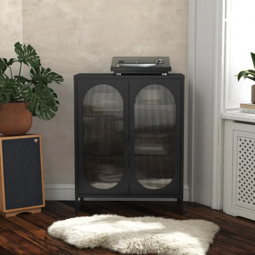 Luna Short 2 Door Accent Cabinet with Fluted Glass, Black