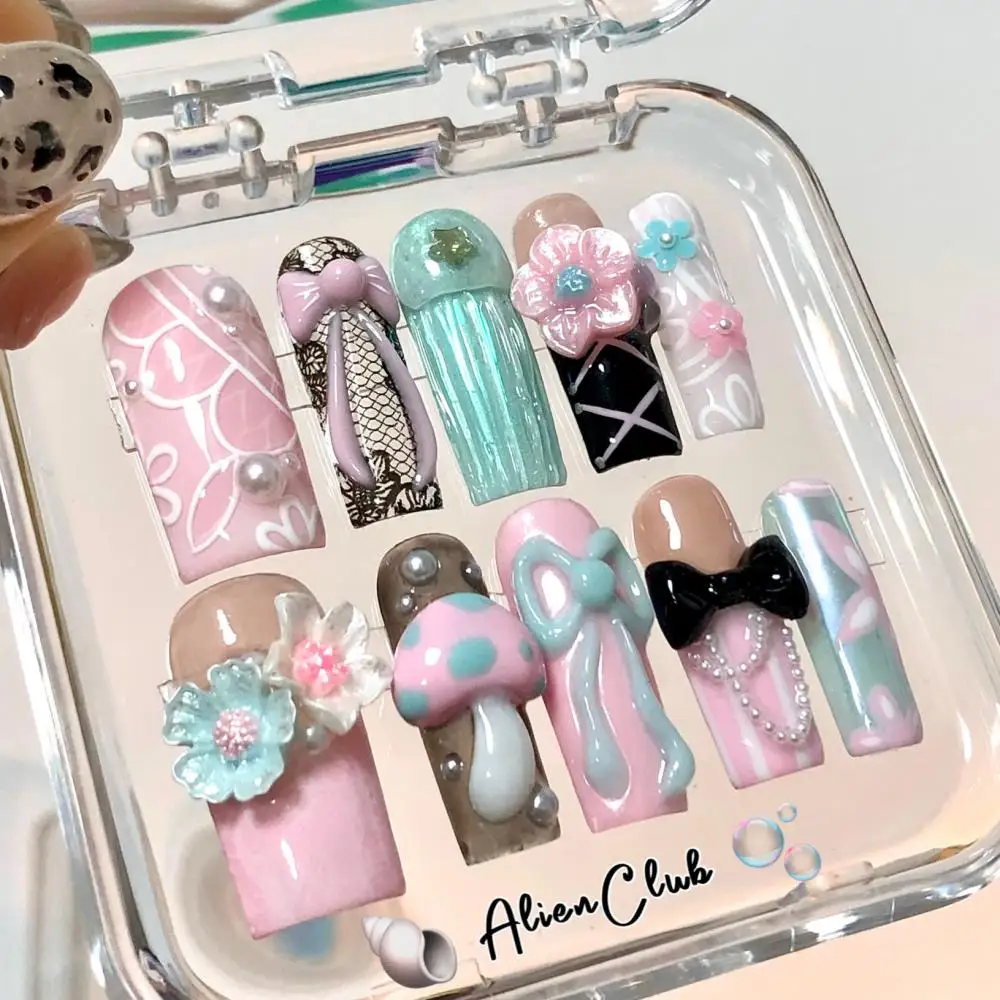 High-End Customization Cartoon Cute Pink Lace Bow Nail Art Mushroom Shape Girly Girl Handmade Sweetheart Fairy Wearable Fakenail