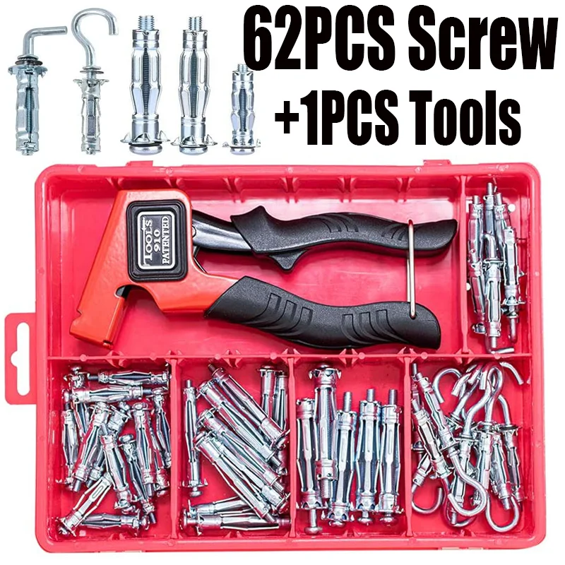 62pcs M4/M5/M6 Iron Galvanized Hollow Curtain Wall Expansion Screw+Red Handle Wall Vice Pliers Heavy Metal Setting Tool